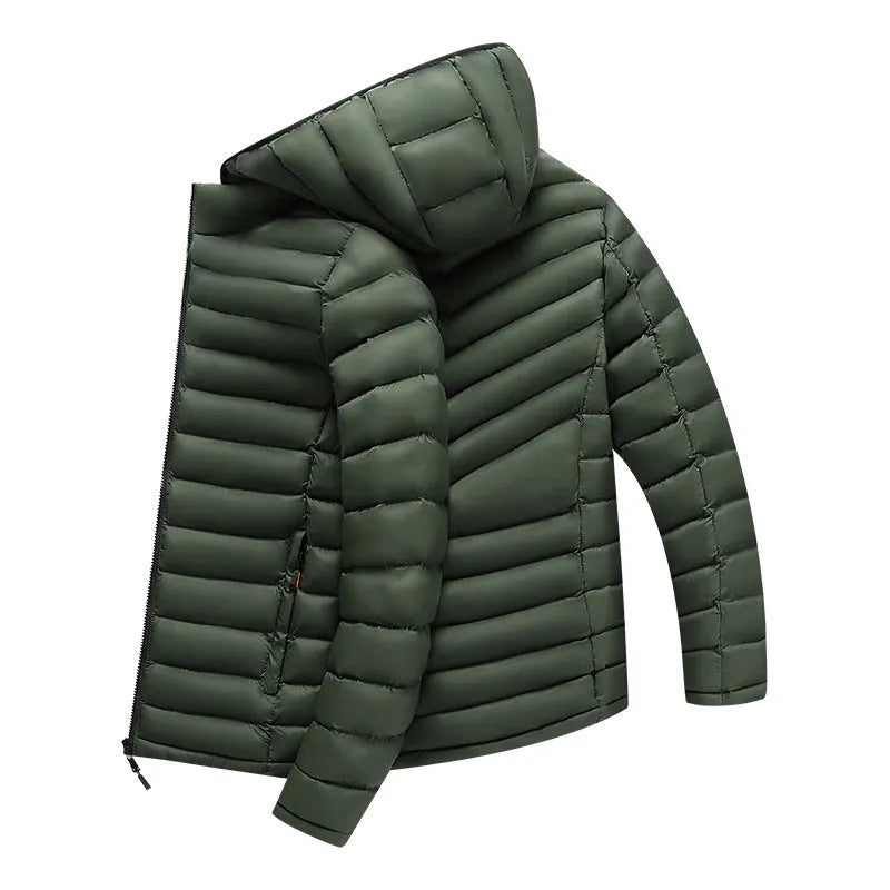 Men's lightweight solid-colour hooded down jacket with a detachable collar and zipper pockets.
