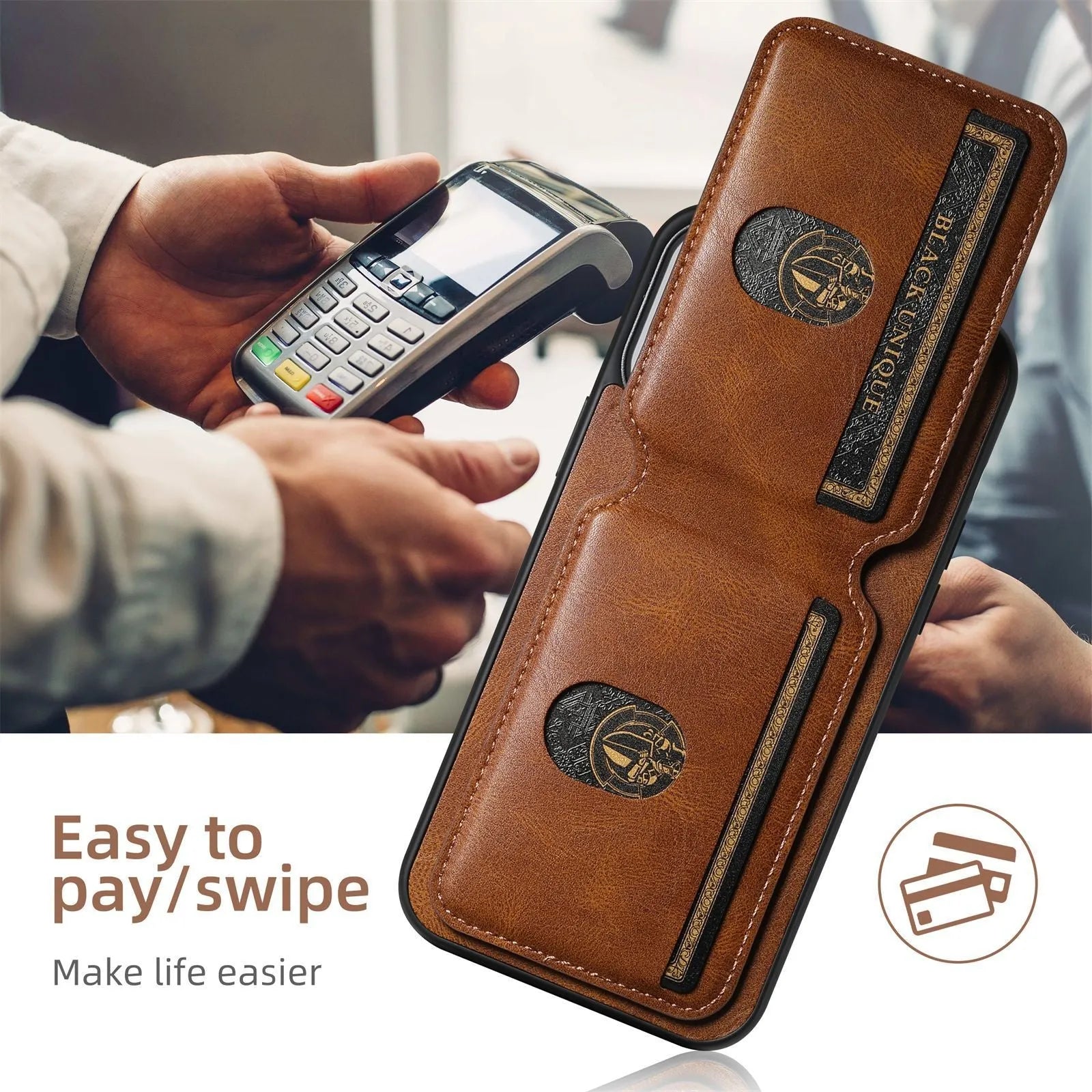 H02 Black PU leather card phone case with kickstand for iPhone, handmade TPU bumper wallet case