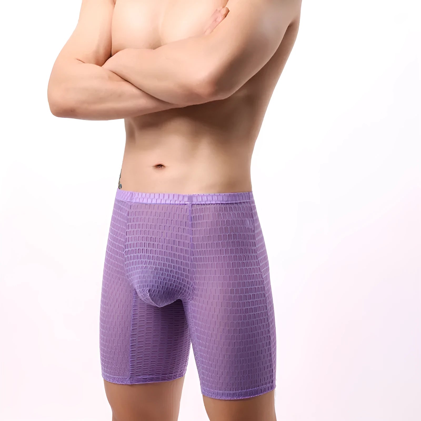 Men's transparent lace boxer briefs in light purple, showing the lengthened leg and mid-waist design.