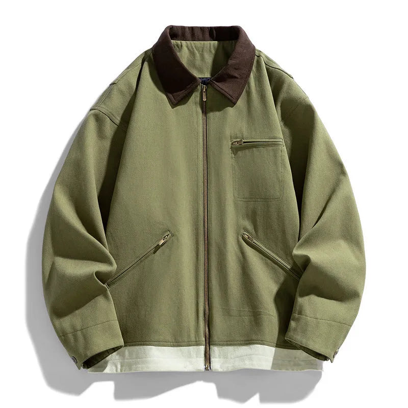 Men's loose fit casual jacket with contrast colour lapels and side seam pockets in retro workwear style