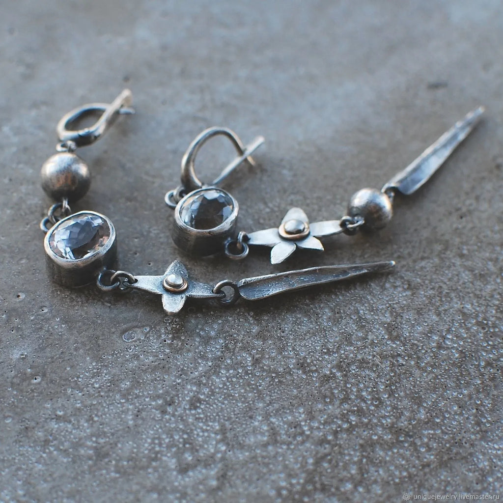 Hesheng geometric pendant earrings in antique silver with XINGX rhinestone design