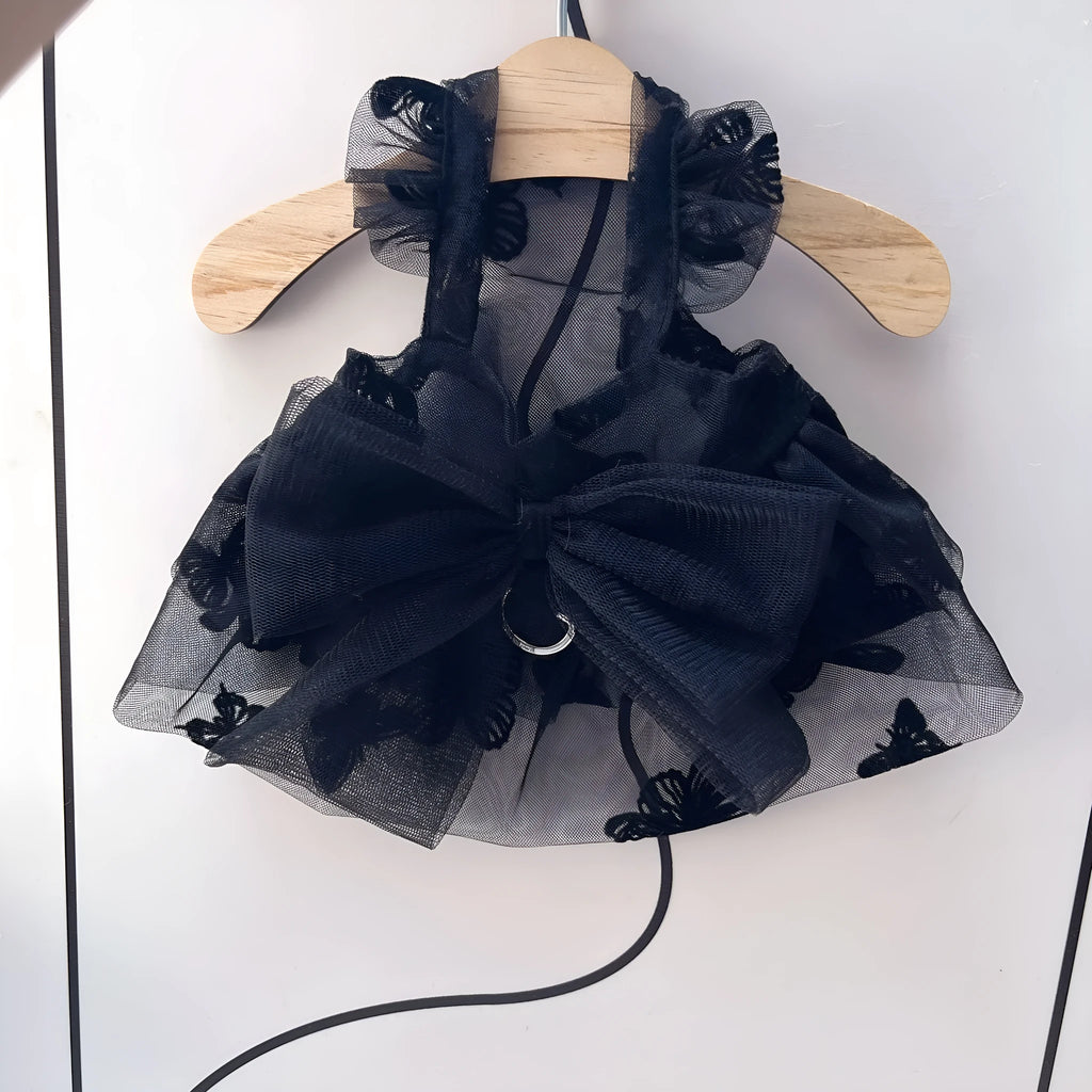 Black polyester princess tulle skirt for a small dog or cat, shown on a mannequin.