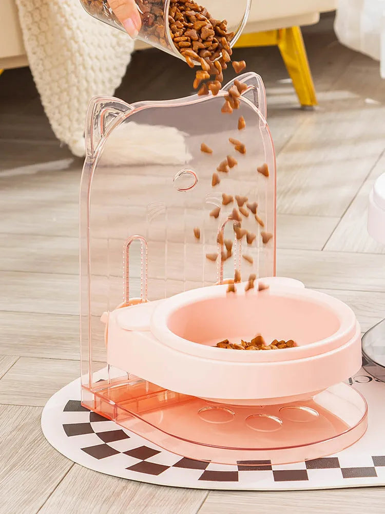 Grey cat ear shaped pet feeding bowl in removable hanging cage