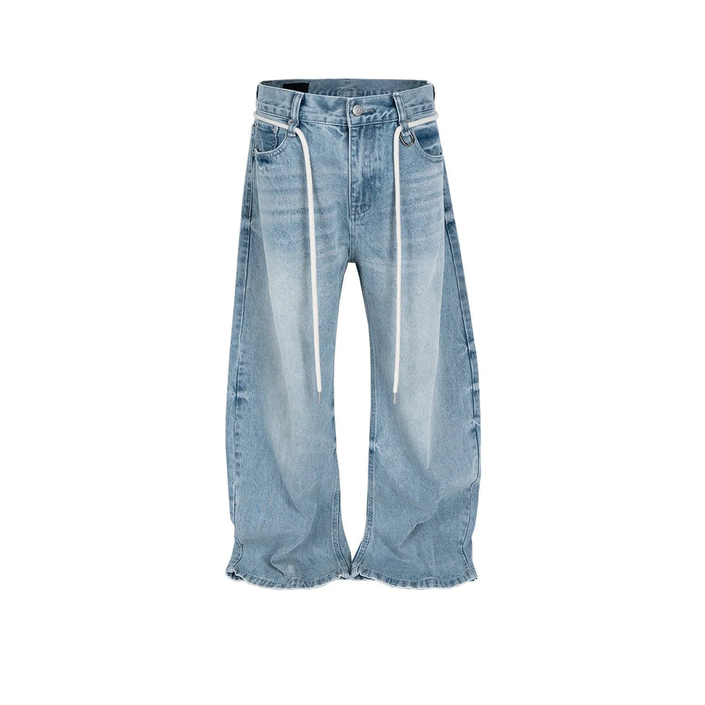 Blue vintage washed denim trousers with drawstring waist and straight-leg cut