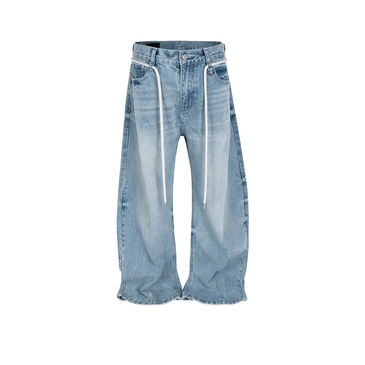 Blue vintage washed denim trousers with drawstring waist and straight-leg cut