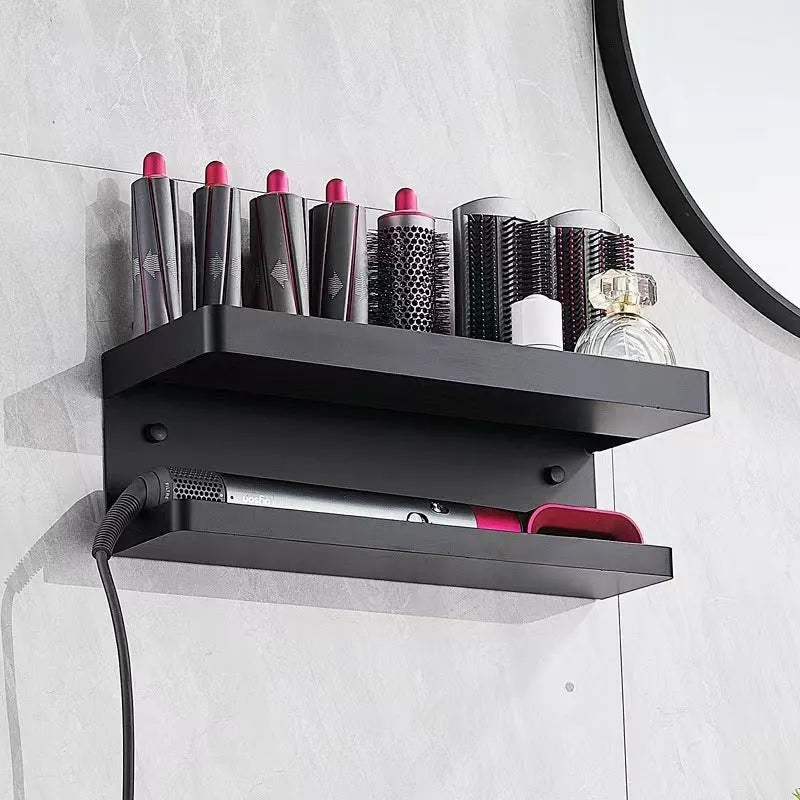 White double-layer aluminum bathroom storage rack with Marcel wave curlers organised on adhesive-mounted wall unit