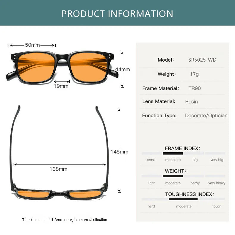 Colour-changing orange lens anti-blue light glasses with a TR90 frame on a colour box.