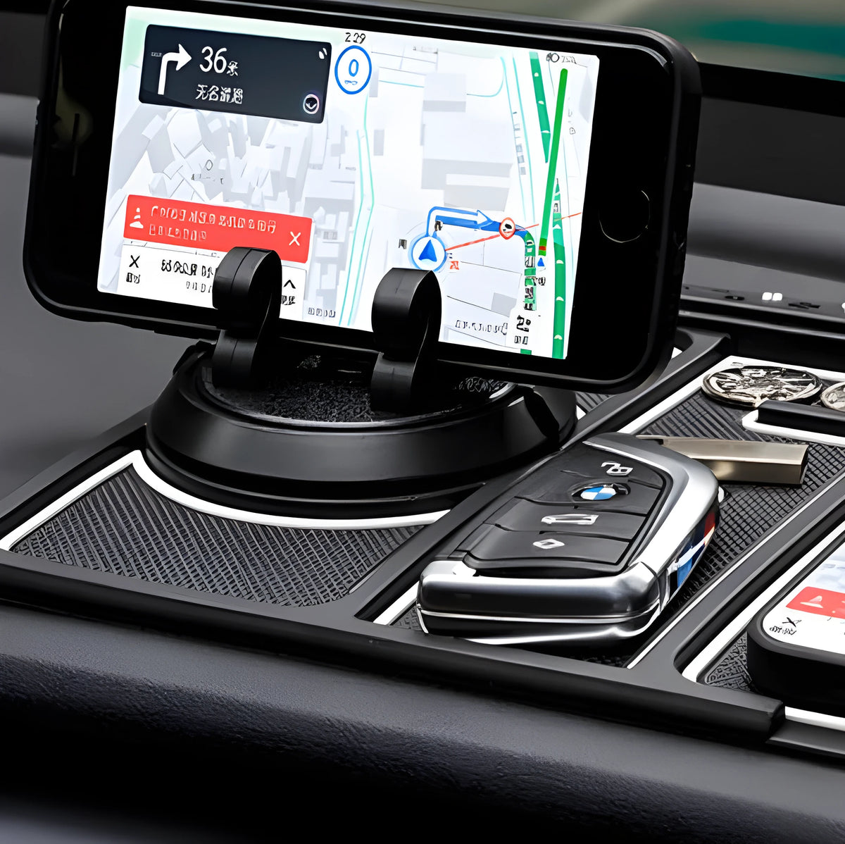 car multifunction mobile phone anti-slip pad rotating bracket 25x19cm PVC black with red piping