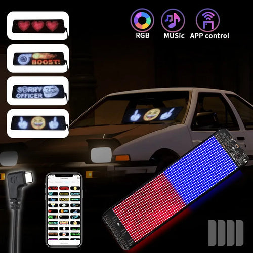Flexible black LED screen for car rear windshield display with Bluetooth control.
