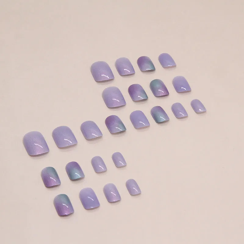 Short aurora fake nails with starry sky pattern in bright colours, 24 pieces with adhesive glue