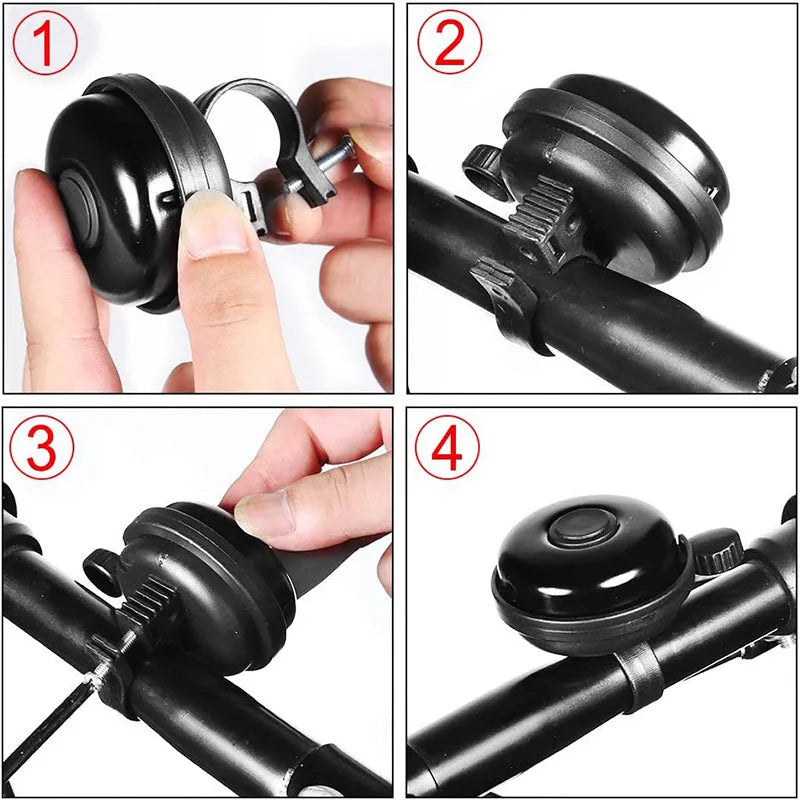 Black ABS plastic bicycle bell with 58mm diameter for mountain bike and road cycling handlebars