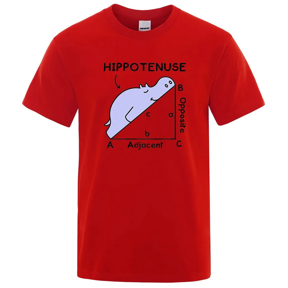 Loose fit cotton t-shirt with white hippotenuse opposite adjacent math joke print on army green fabric
