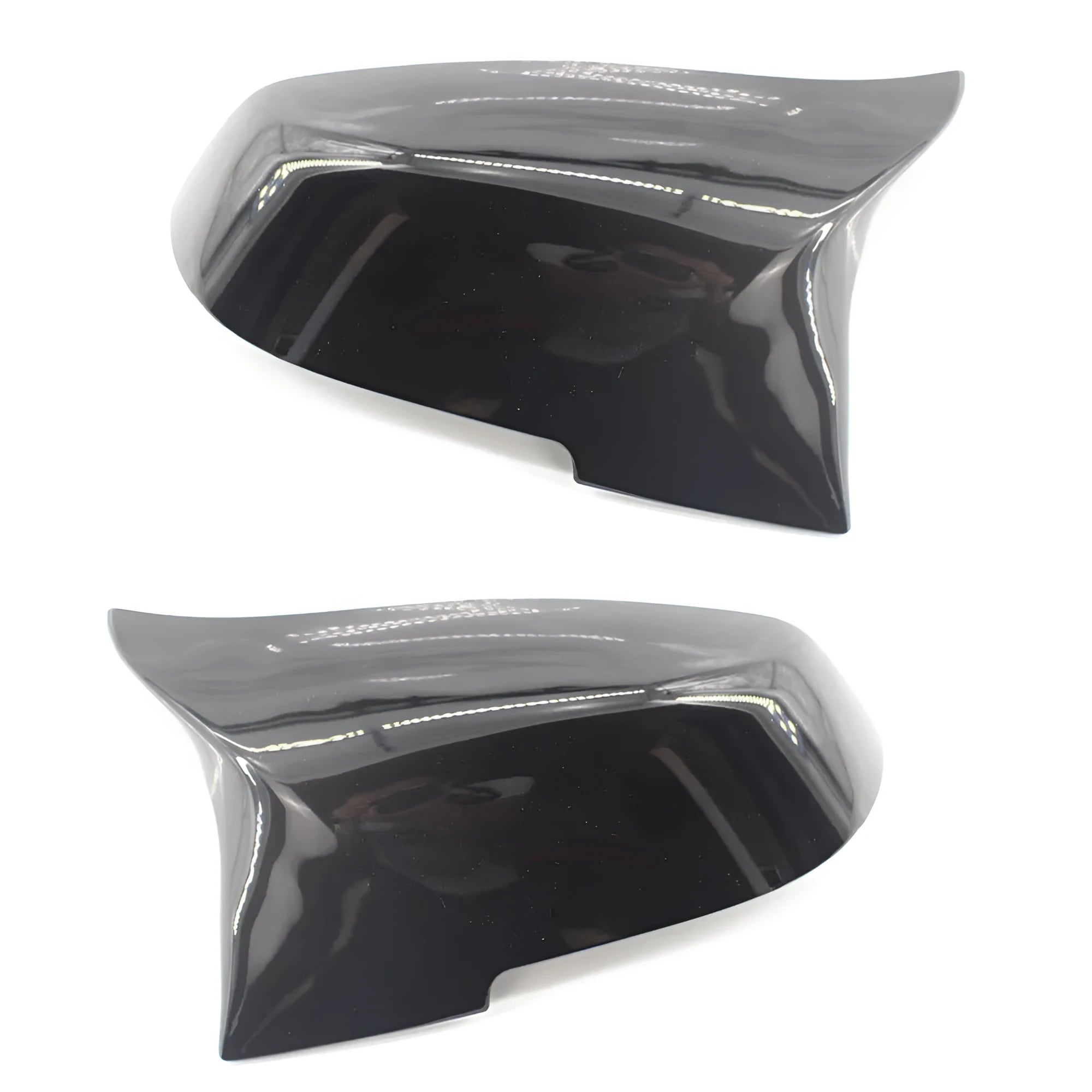 Pair of paint bright black BMW F-Series rear-view mirror replacement shells.