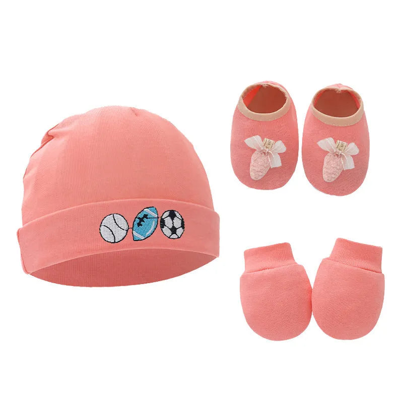 Cotton baby gloves and foot cover set in multiple colours including light blue, navy blue, pink, and camel
