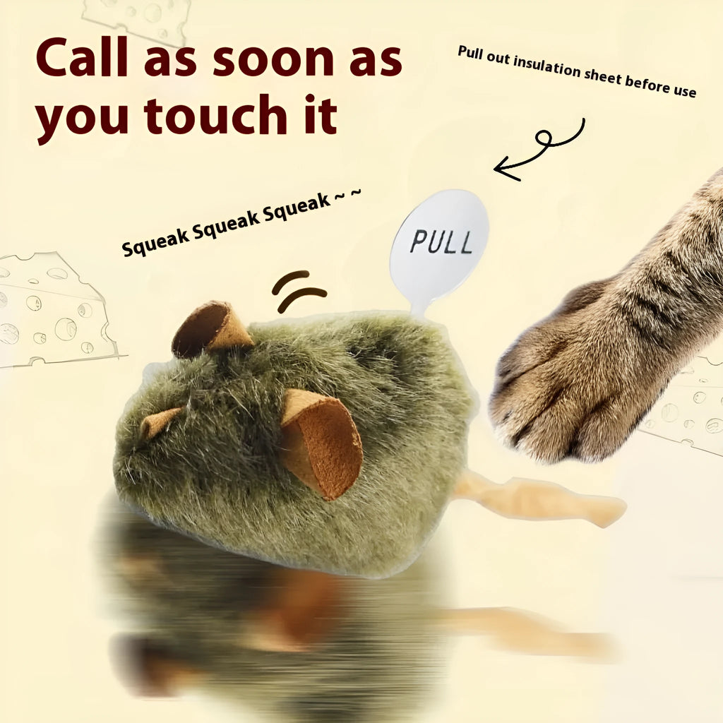 Plush cat toy mouse with simulated sound feature for indoor cats