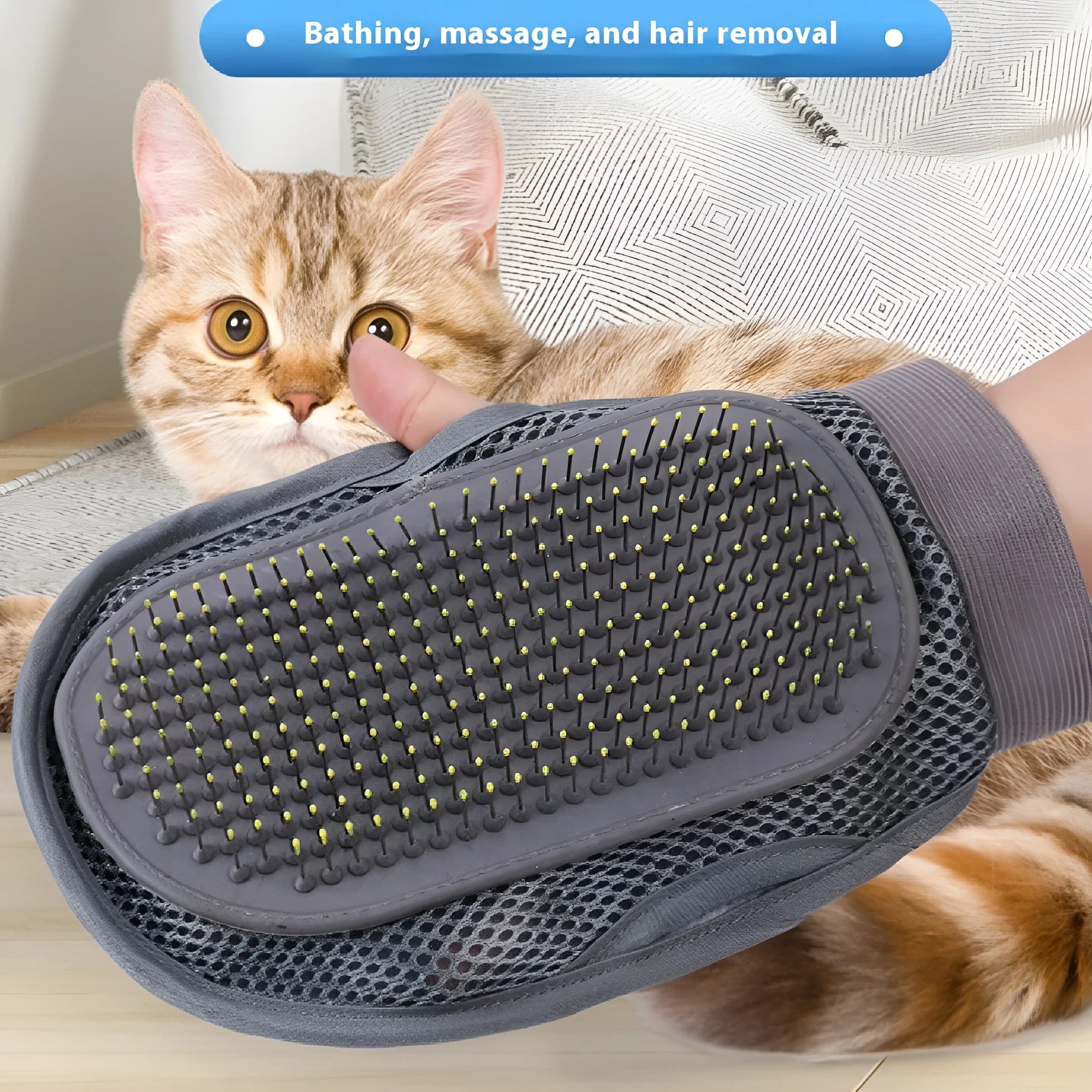 Gray rubber TPR pet grooming glove with steel needle tips for dog and cat bath massage