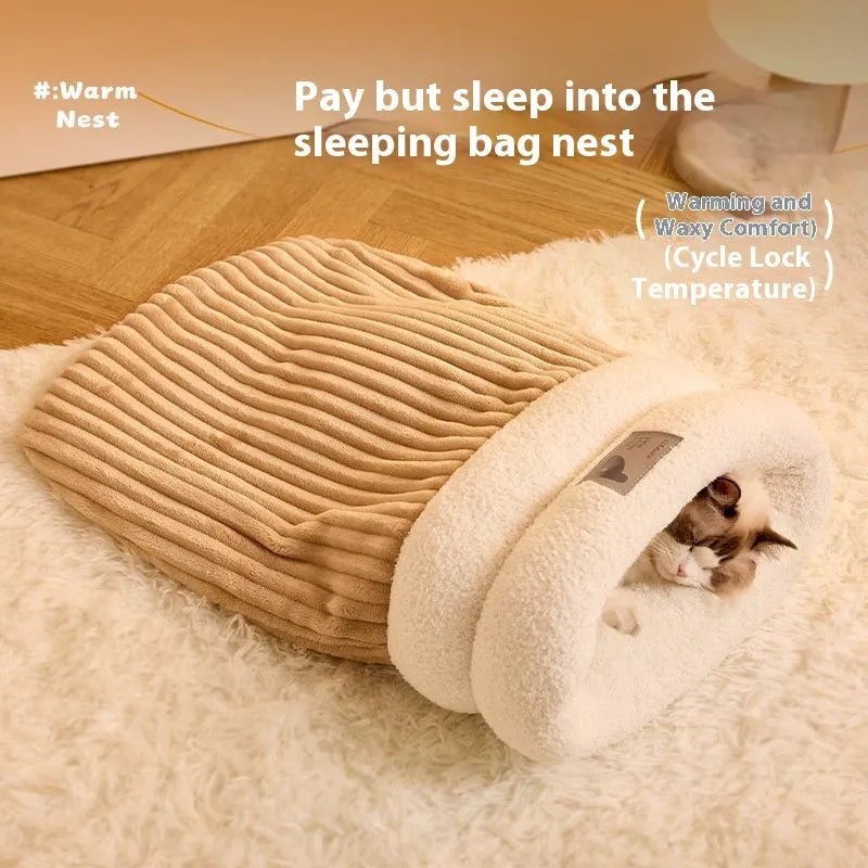 Brown semi-enclosed pet sleeping bag with lambswool warming layer for cats