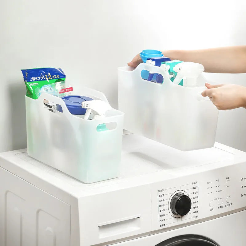 White PE plastic storage box with handle for bathroom laundry detergent and household sundries organisation