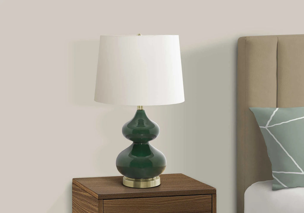 64cm tall crystal glass desk lamp with dark blue cloth lampshade on wooden desk