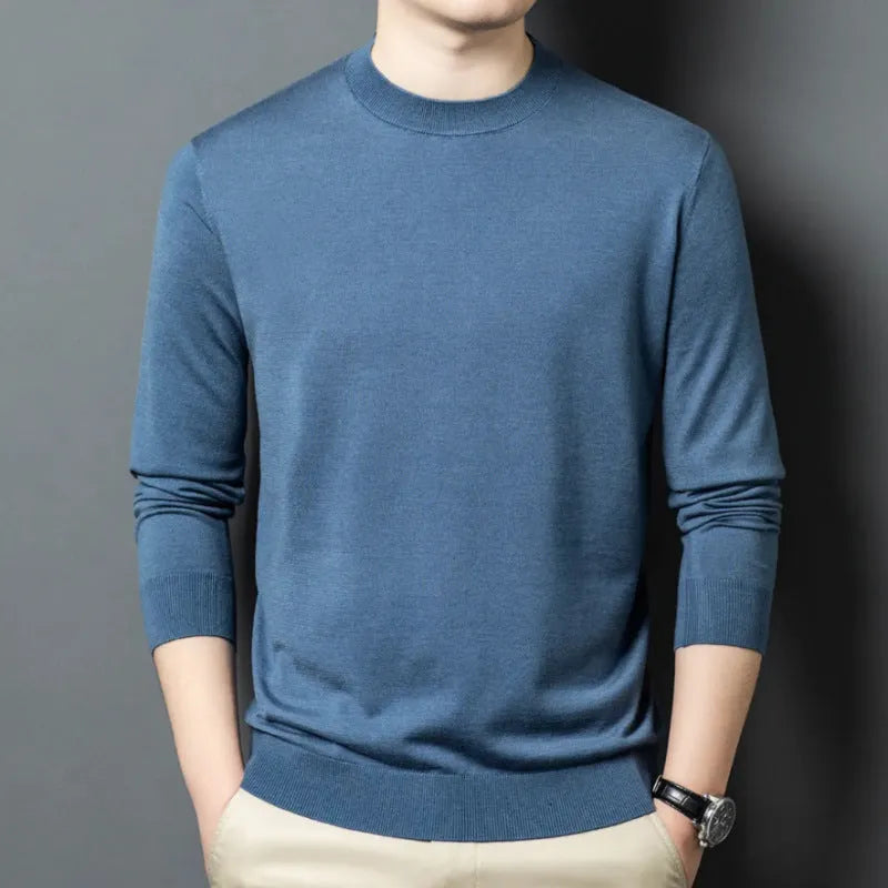 Men's round neck long sleeve sweater in wool and mulberry silk, shown in a choice of colours for winter.