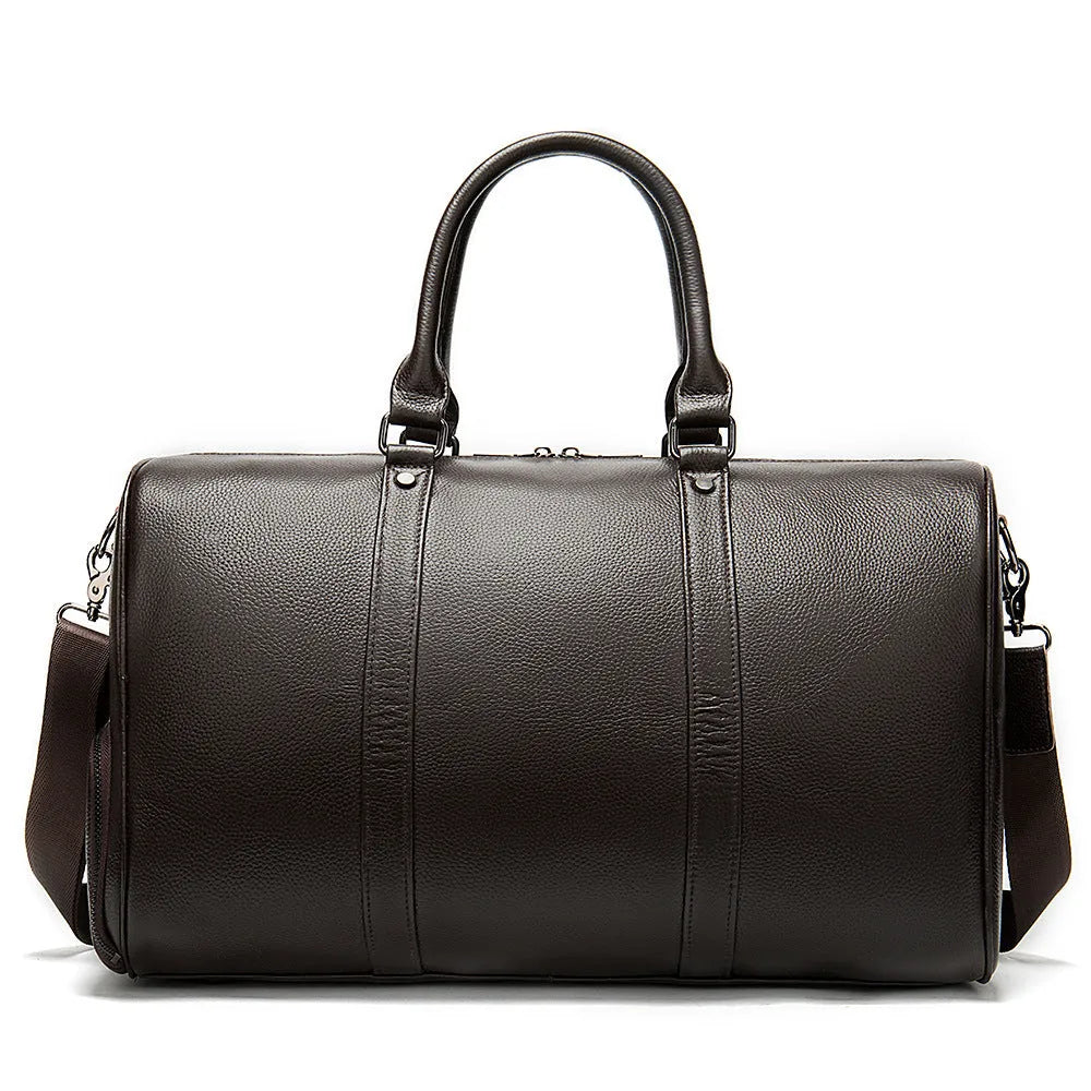 Men's black leather excursion bag with single shoulder strap showing 44cm length measurement