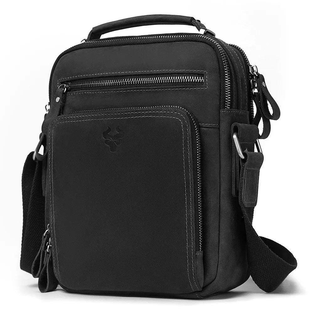 Men's brown genuine leather single-shoulder crossbody bag with visible stitching, shown on a model.