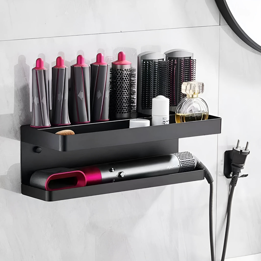 White double-layer aluminum bathroom storage rack with Marcel wave curlers organised on adhesive-mounted wall unit