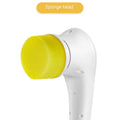 White USB electric handheld cleaning brush with five different brush heads for kitchen and bathroom surfaces.
