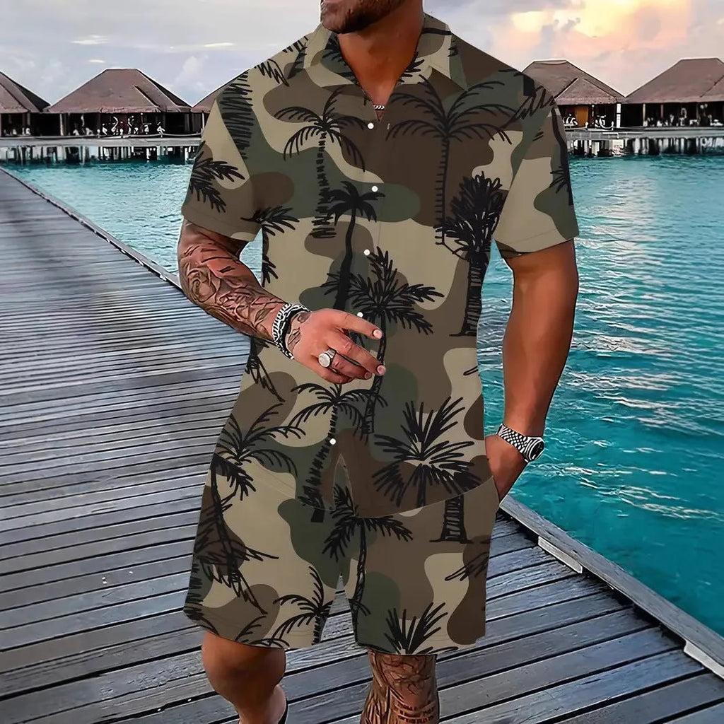 Men's 3D printed Hawaiian style short sleeve shirt and shorts set in polyester fabric.