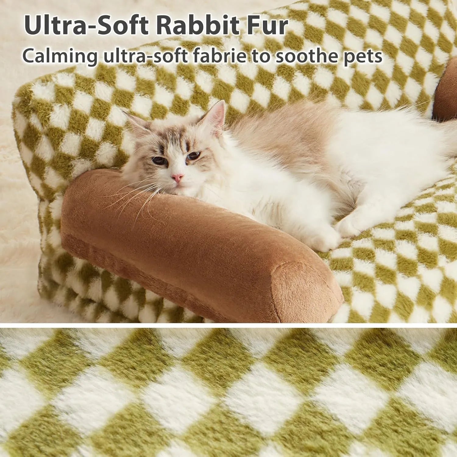 Grey checkered washable pet couch bed for small cat or dog on a wooden floor.