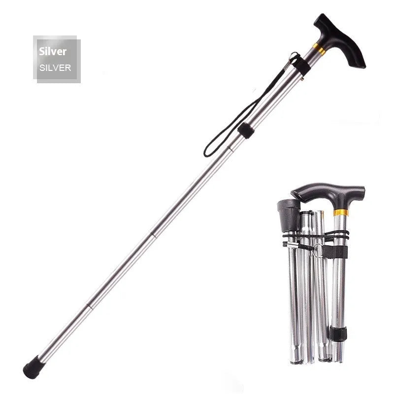 Aluminium folding walking cane with a non-slip handle, shown extended and in silver colour.