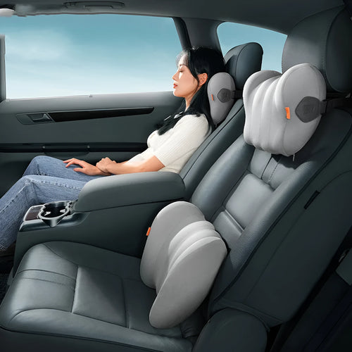 Car head pillow and lumbar pillow set in grey and orange colours with memory cotton filling