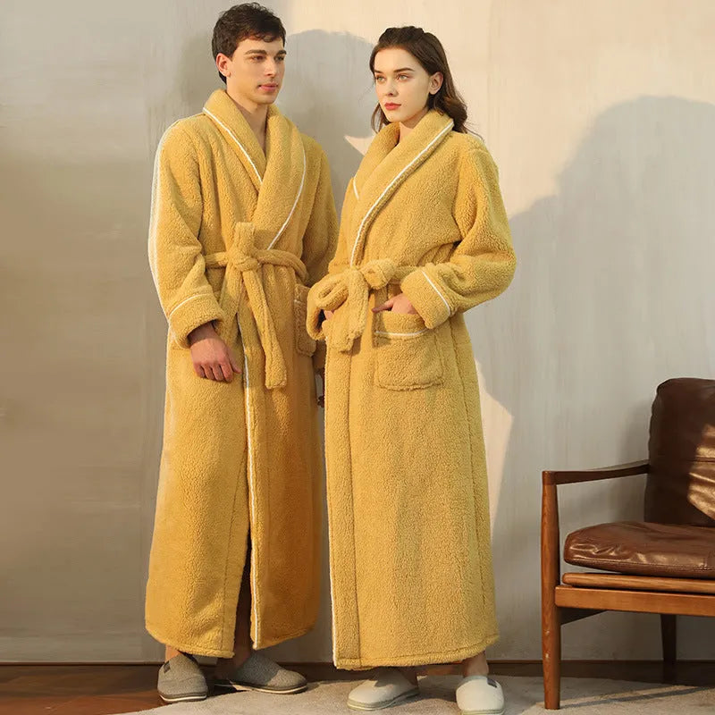 Super thick flannel couple's bathrobe in navy blue, shown on a hanger.