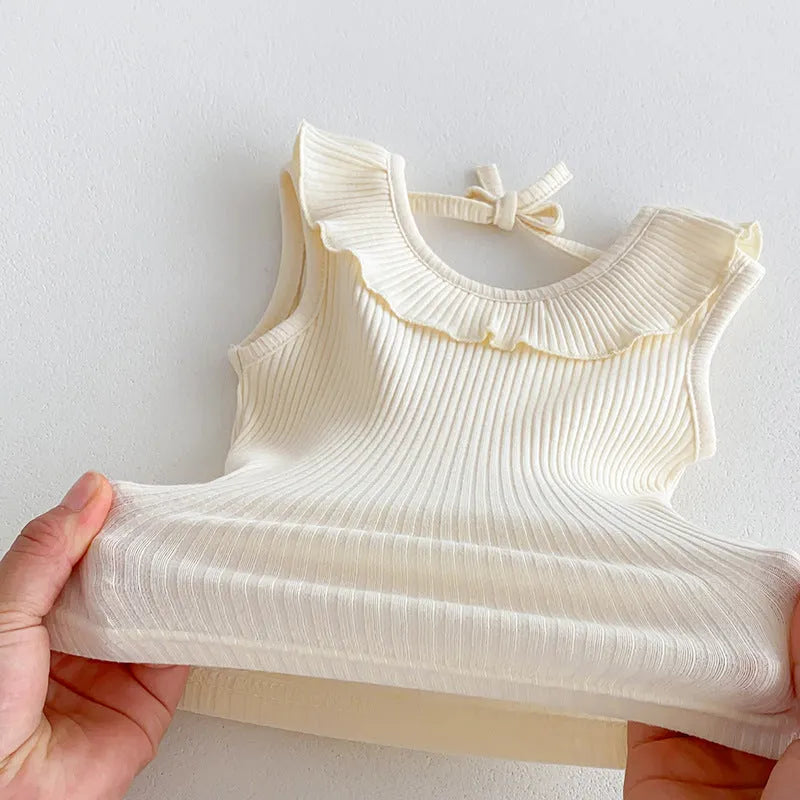 Beige cotton girls double layer bud-waisted shorts set with ruffled collar top on white background