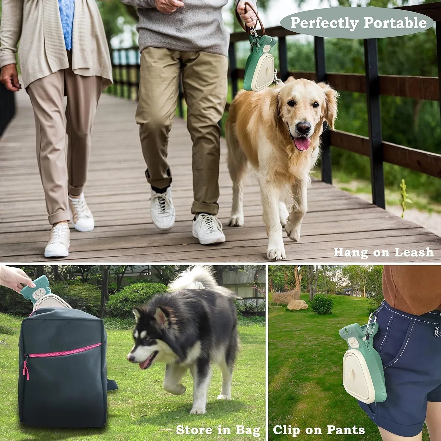 Blue expandable pooper scooper with clip attachment for dog waste cleanup