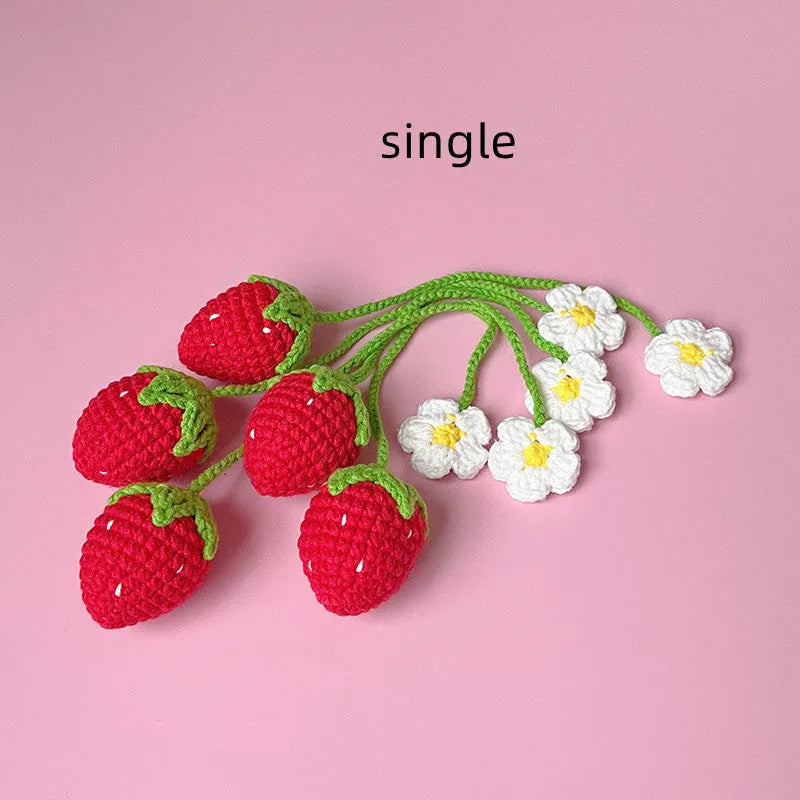 Handmade wool crochet strawberry pendant necklace with red fruit charm on 35cm cord