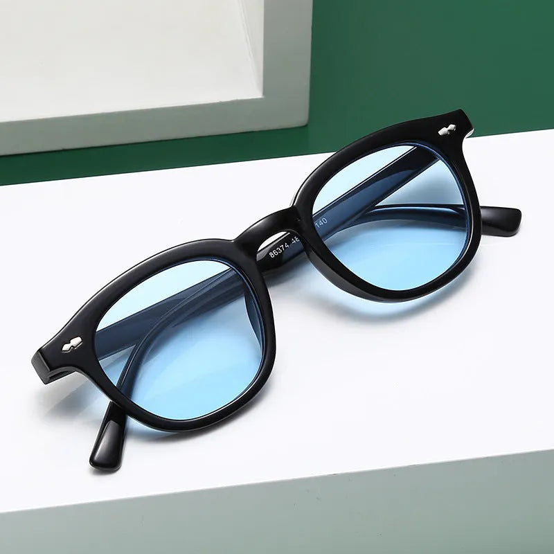 Beige retro round sunglasses with PC lens and metal hinge construction in multiple colour options