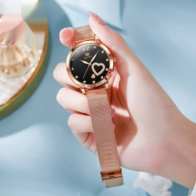 Women's fashion watch with rose shell alloy case and mesh strap, shown in multiple dial colour options.