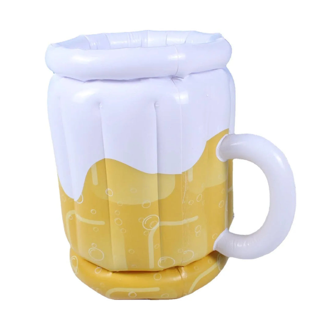 Large yellow inflatable beer mug cooler pool float with drinks, shown in a swimming pool.