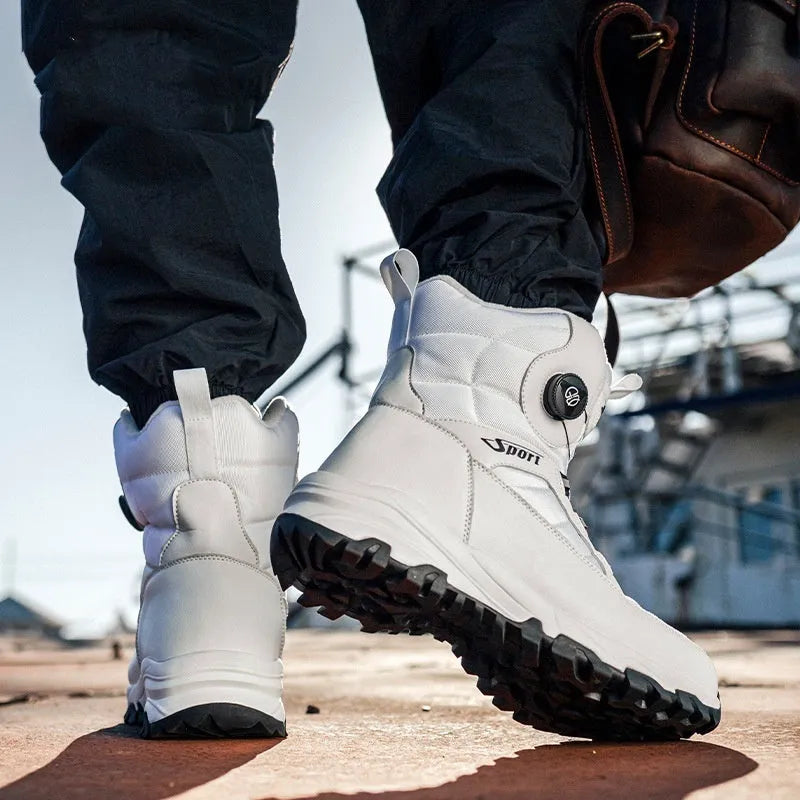 Men's fleece-lined snow boots in black with non-slip EVA sole on white background