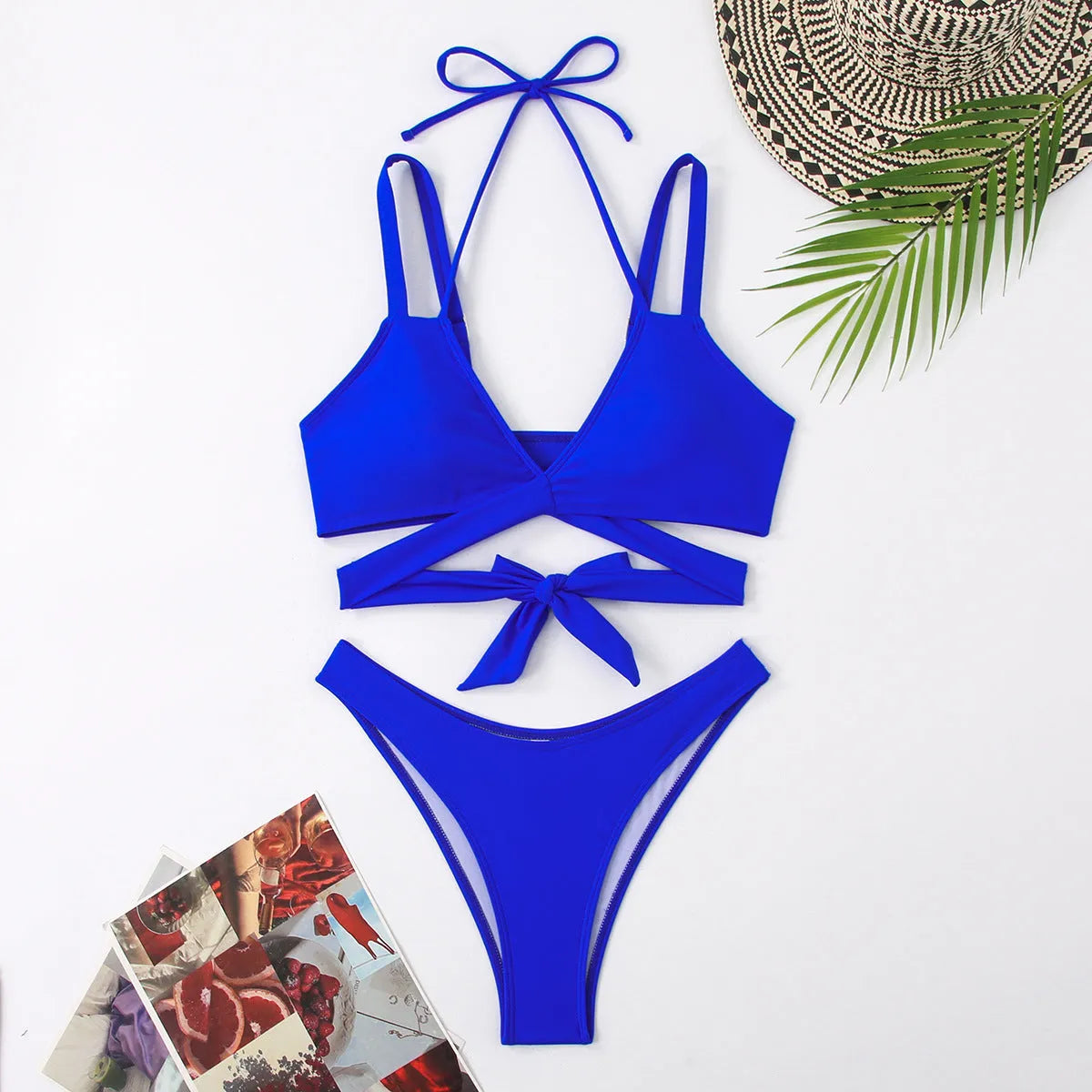 Women's solid colour strap bikini swimsuit in briefs style on a mannequin.