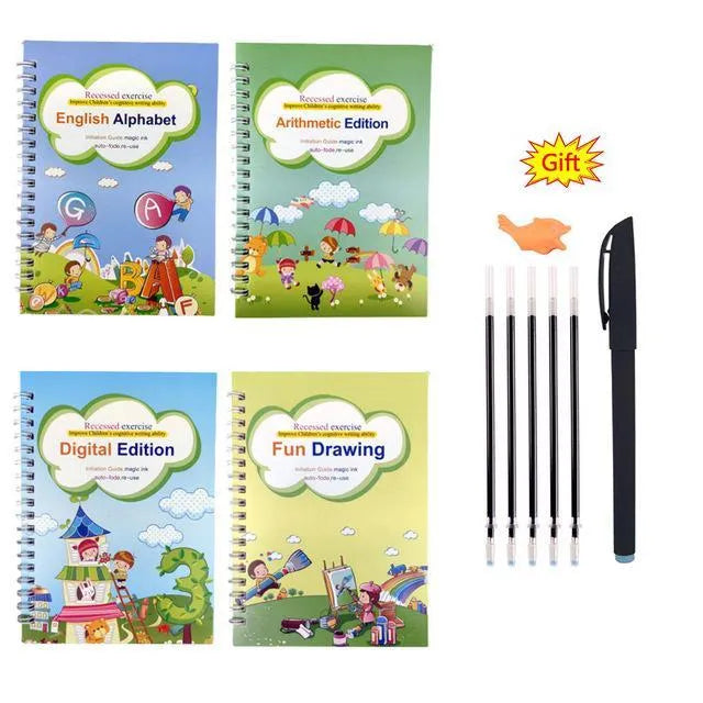 Four magic calligraphy copybooks with square slot design and pen set for children's handwriting practice