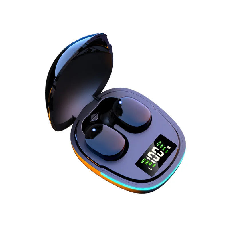 Black true wireless Bluetooth earbuds with charging case showing digital battery display