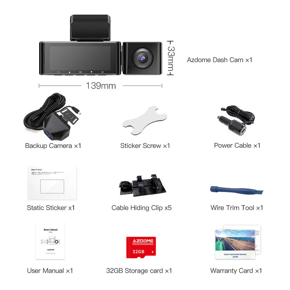 2K driving recorder dash cam with front and rear lenses, 3-inch screen, and car mounting bracket