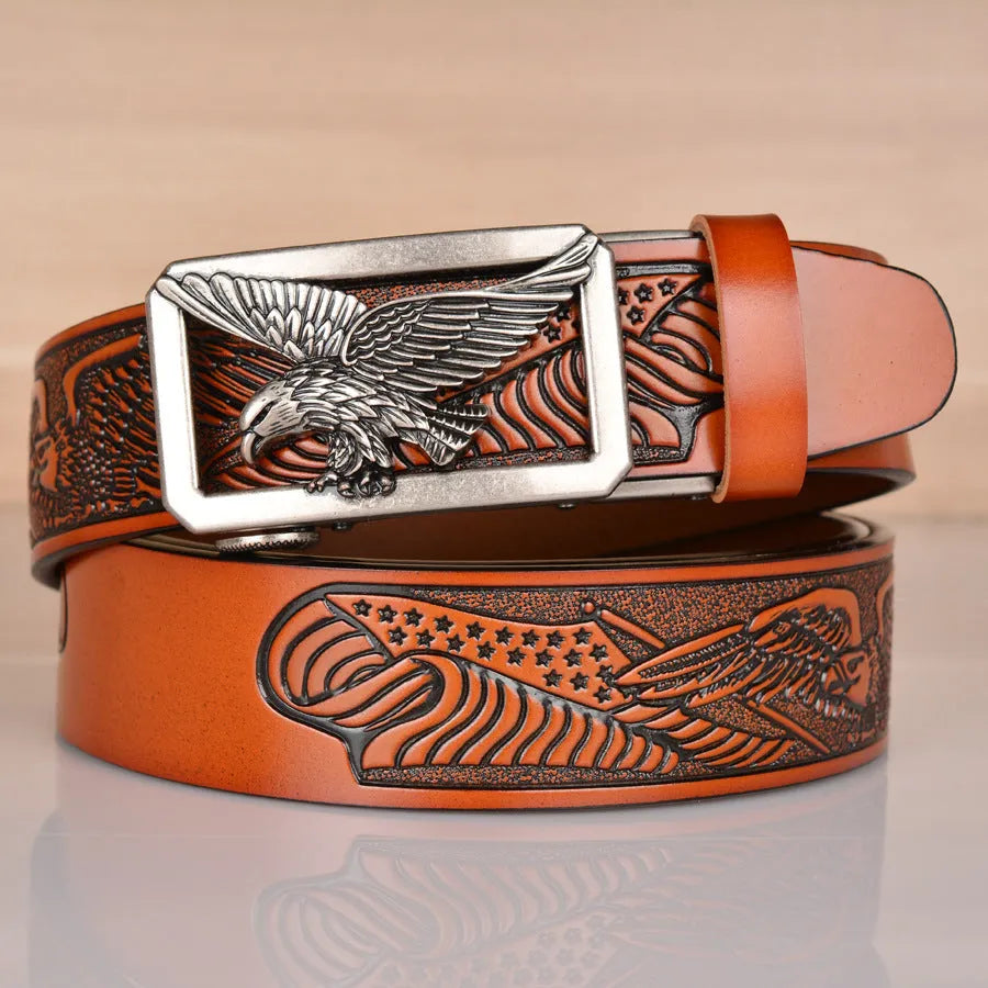 Leather men's belt cowhide eagle embossed automatic buckle 110-130cm black bronze buckle