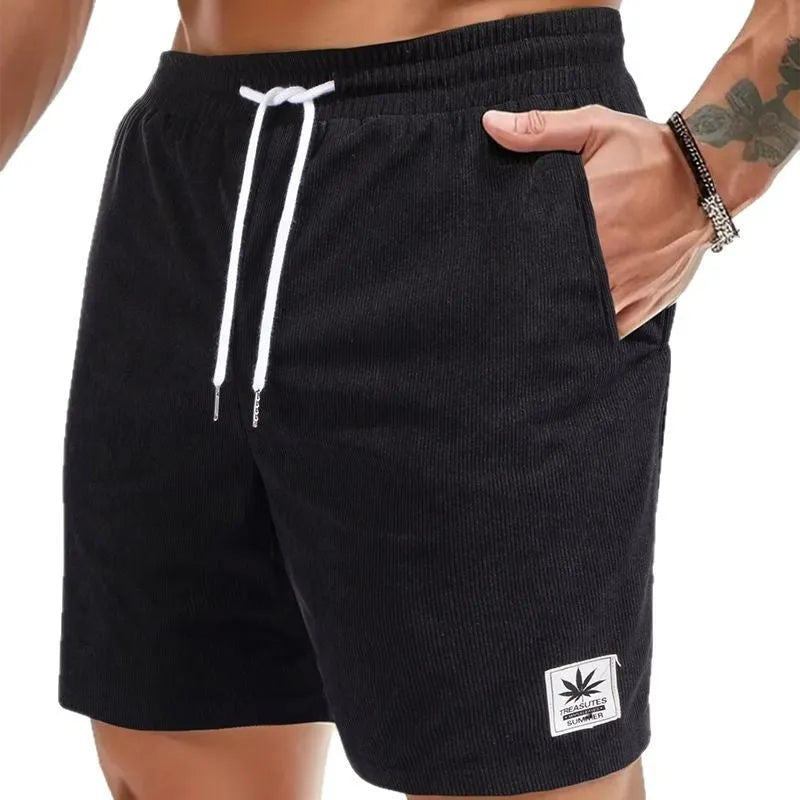 Men's drawstring summer leisure shorts in straight leg design with elastic polyester fabric