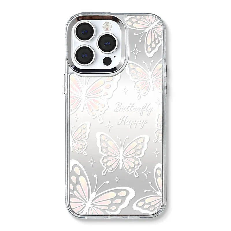 Clear iPhone 15 Pro Max case with 3-in-1 mirror and bow decoration on transparent TPU