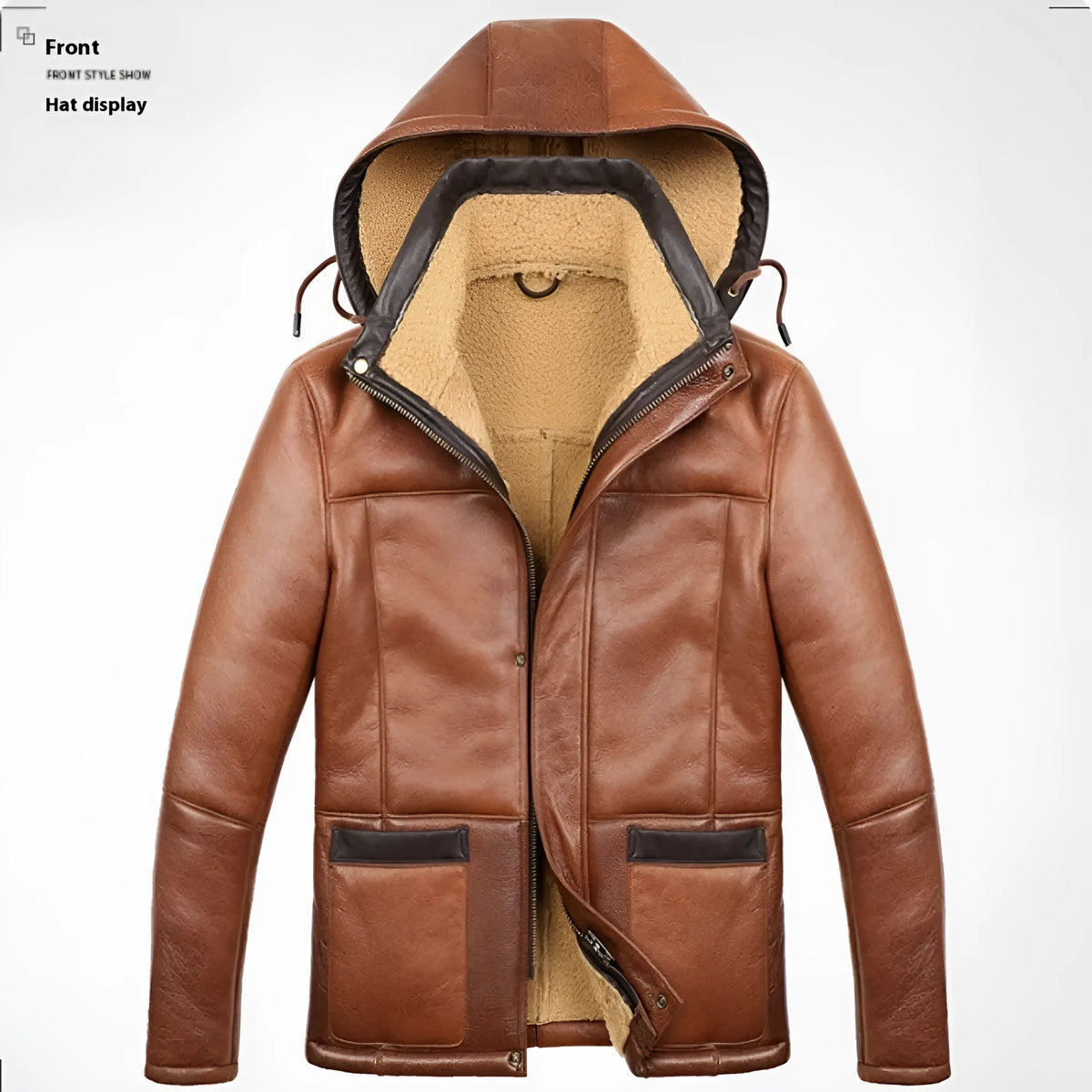 Winter hooded cropped sheepskin jacket in Champagne with slim fit and multiple pockets on display