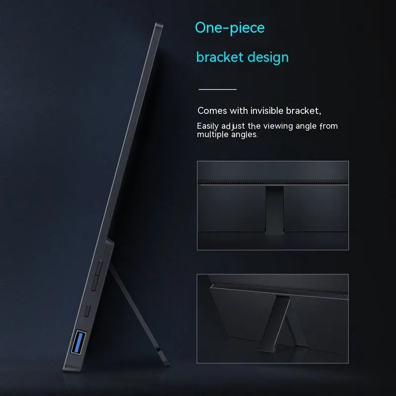 Black portable monitor with 1920x1080 IPS display showing a media scene, with touch screen option available