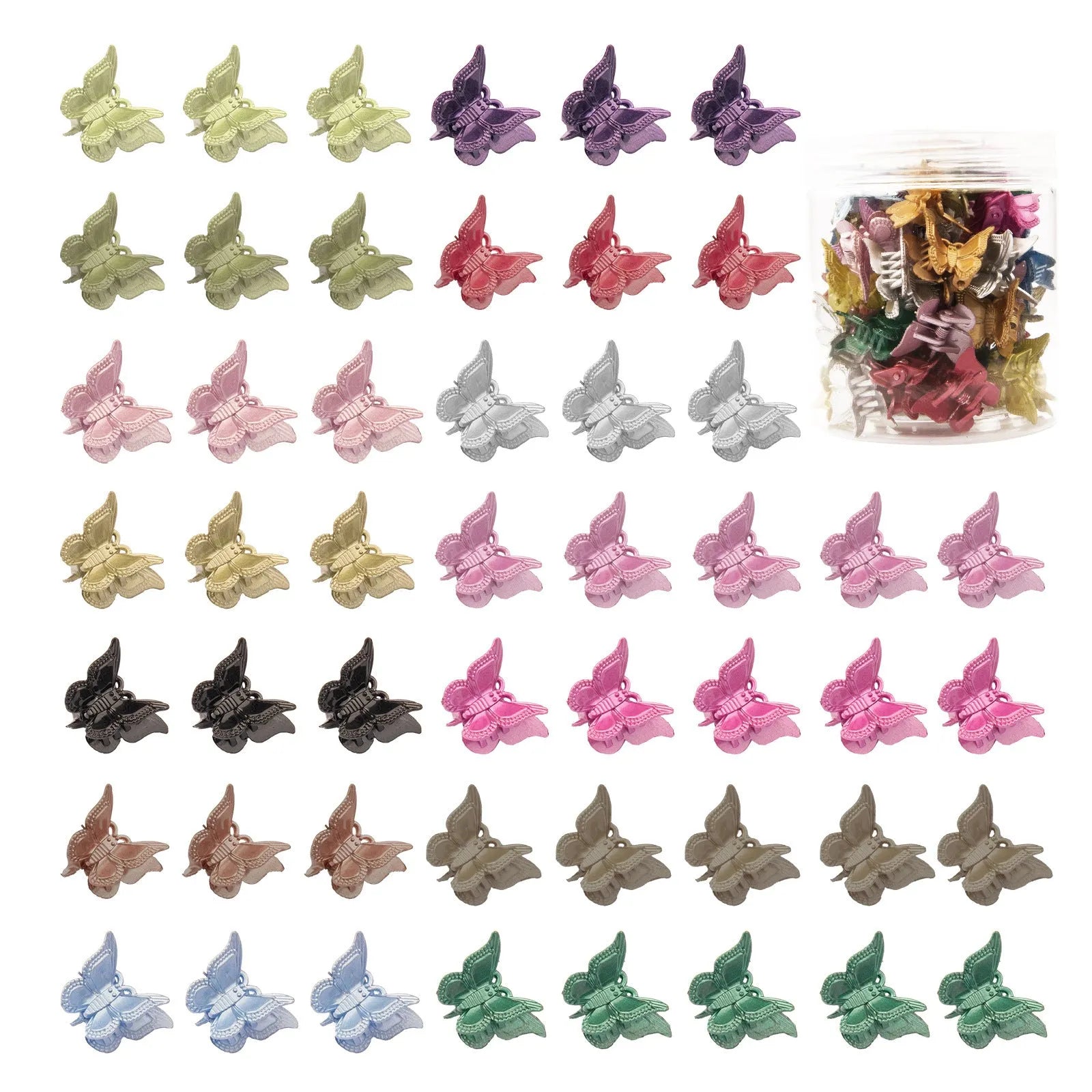 Set of 50 glitter butterfly hair claw clips in multiple colours showing mini size